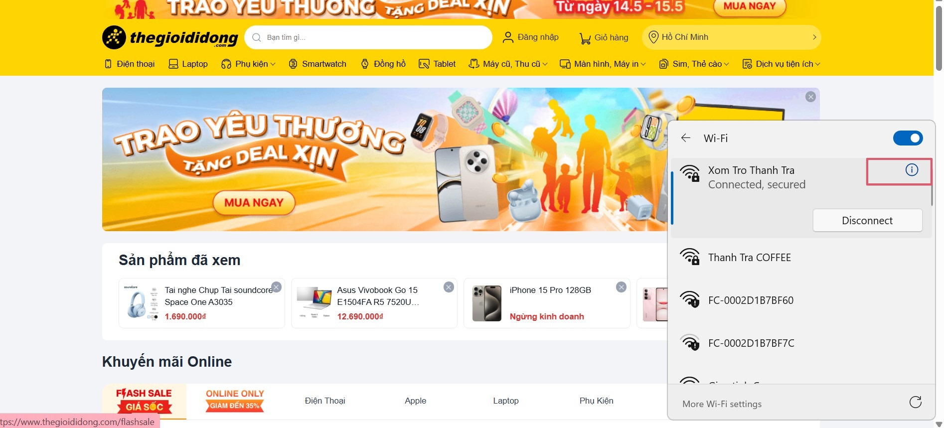 Click vào biểu tượng chữ i bên cạnh tên Wifi Click vào biểu tượng chữ i bên cạnh tên Wifi