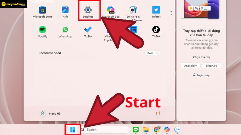 Nhấn Start > chọn Settings (Cài đặt) Nhấn Start > chọn Settings (Cài đặt)