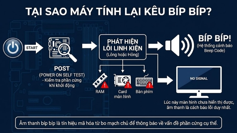 Nếu phát hiện linh kiện bị lỏng hoặc hỏng, máy tính sẽ phát ra âm thanh báo lỗi Nếu phát hiện linh kiện bị lỏng hoặc hỏng, máy tính sẽ phát ra âm thanh báo lỗi